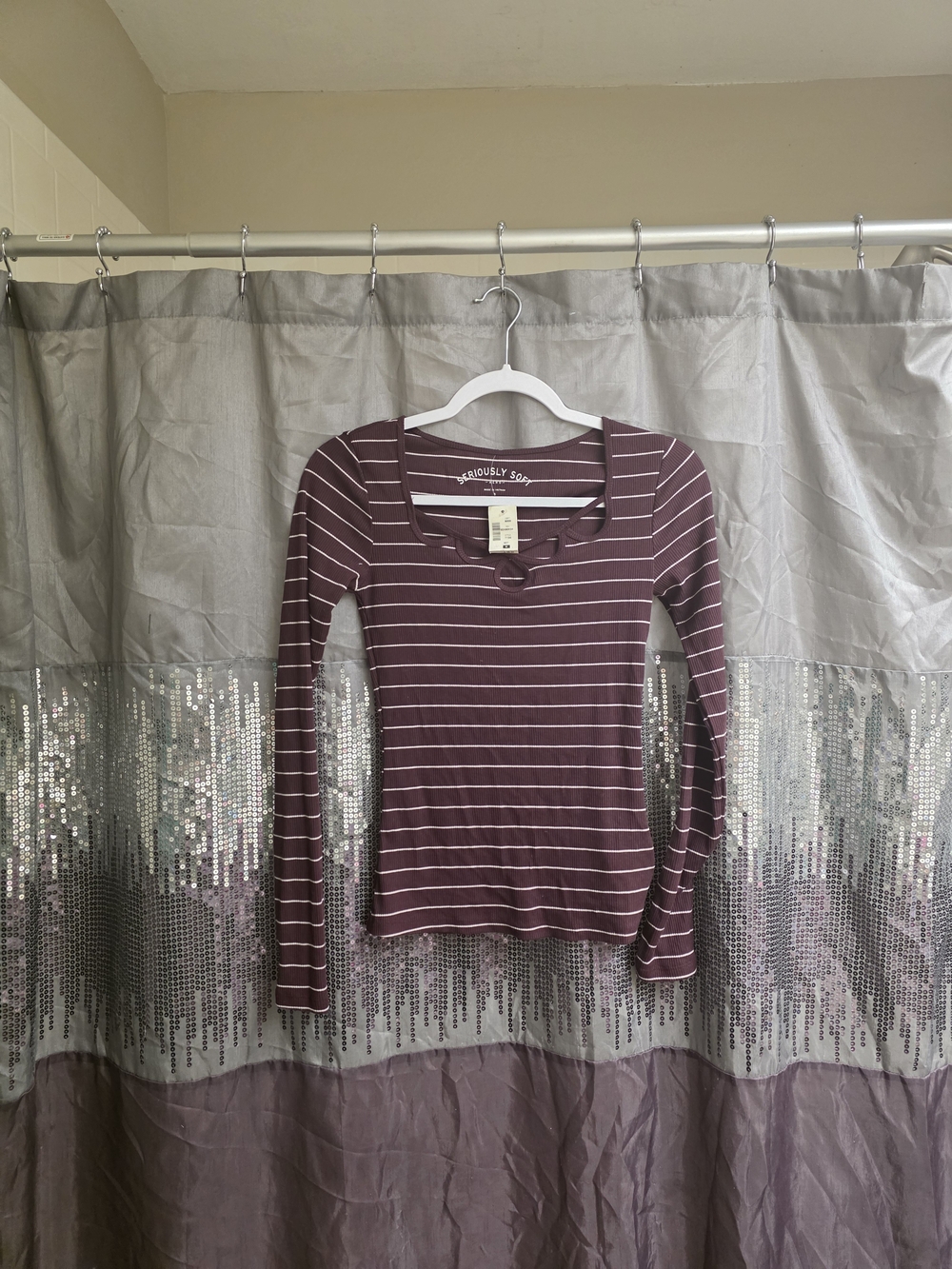 Aeropostale Burgundy and White Striped Long Sleeve Scoop Neck Top
